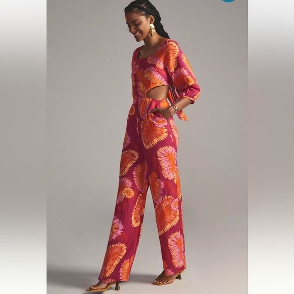 FARM Rio Pants - Farm Rio for Anthropologie XS Tie-Back Wide-Leg Jumpsuit Floral Festival Boho